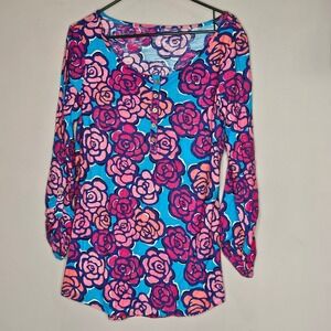 Lilly‎ Pulitzer Women's Lg Cassie Rose Water Floral Henley Long Sleeve Resort